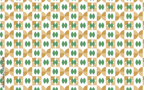Seamless geometric retro pattern with abstract green leaves and beige circles