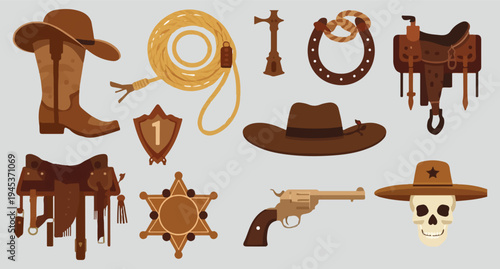  A collection of western cowboy items including hats, boots, guns, and accessories isolated on transparent background