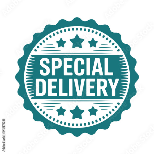 A teal badge displaying the words special delivery with star accents