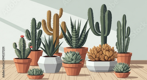 Variety of cacti and succulents in pots on wooden floor indoors showcasing different shapes and sizes of desert plants