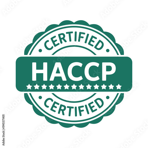 A circular green haccp certified badge with text and star details