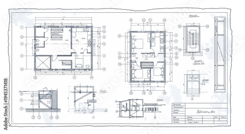 Architectural blueprint of a house plan, elevations, and sections