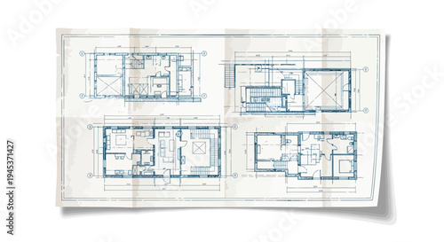 Architectural blueprint of house floor plans on crumpled paper