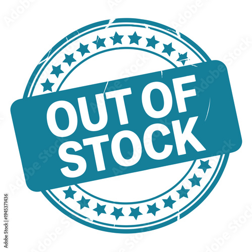 A circular teal stamp indicates an item is currently out of stock