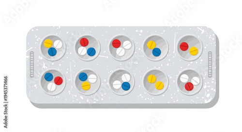 Blister pack of colorful medical pills, white background