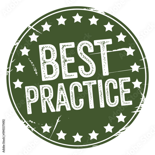 A distressed circular green badge proclaiming best practice with white stars
