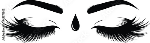 Closed eyes with long eyelashes eyebrows and teardrop beauty makeup concept black silhouette vector illustration isolated on white background