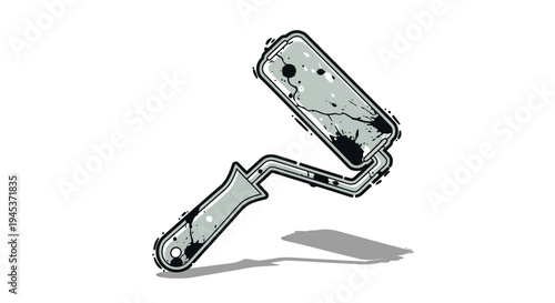 Paint roller with black paint splatters on white background, illustration