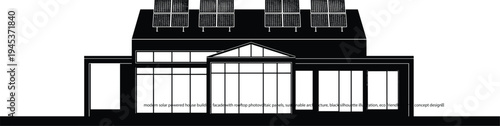 modern solar powered house building facade with rooftop photovoltaic panels, sustainable architecture, black silhouette illustration, eco friendly energy concept design