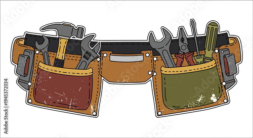 Tool belt with various hand tools and wrenches, isolated on white background