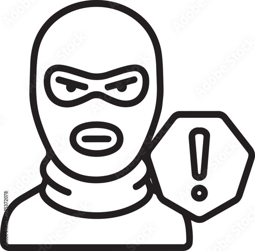 Criminal wearing balaclava ski mask with warning hexagon for terrorist threat and dangerous illegal hacking activity vector illustration