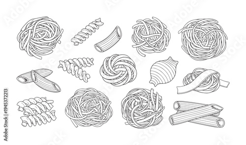 Assortment of hand drawn pasta shapes white noodle fusilli penne fettuccine