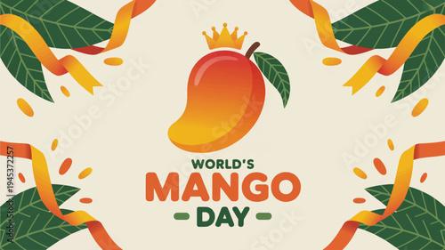Vibrant mango day celebration background with fresh fruit and leaves