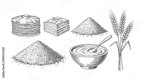 Hand drawn of stacked pancakes grain piles and wheat stalks bowl