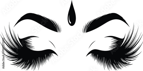 Closed female eyes with long dramatic eyelashes eyebrows and teardrop beauty makeup concept black silhouette vector illustration isolated