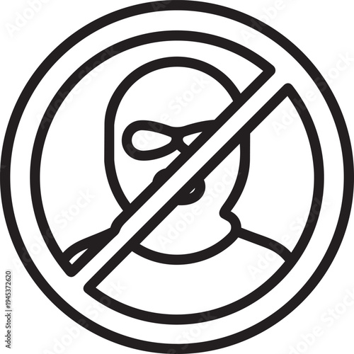 Anti attack prohibition sign with crossed out anonymous masked face representing hacker restriction and cyber security defense vector