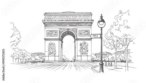 Parisian Arc de Triomphe with street lamp and trees france monument
