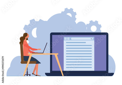 Copywriting. Content marketing, online advertising, woman with laptop writes articles, document on computer screen, writer or journalist, typing and editing text