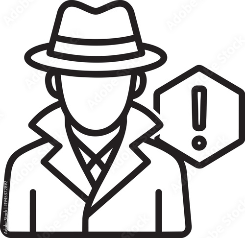 Incognito spy agent character wearing fedora hat with warning alert representing dangerous spyware and anonymous cyber surveillance vector