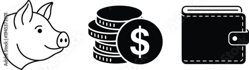 Savings finance icons set, piggy bank, dollar coin stack, wallet money symbol, personal banking vector illustration