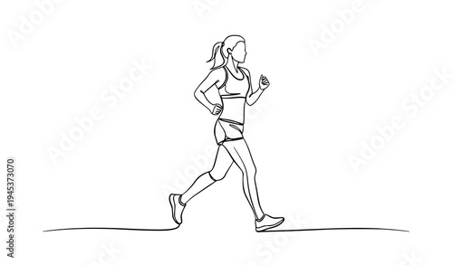 Minimal continuous line art female runner jogging fitness sports vector illustration