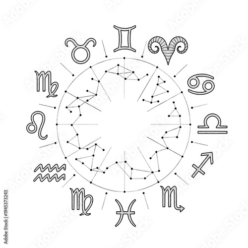 Black and White Line Art of a Zodiac Wheel With Astrological Symbols
