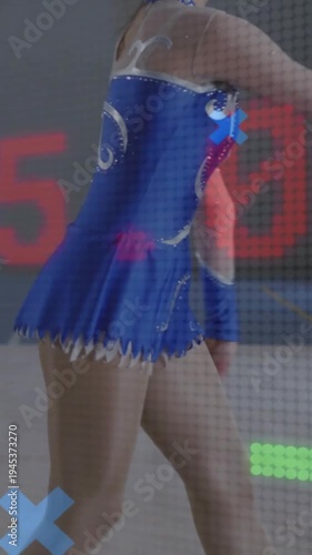 Vertical video: Teen skater stepping on ice, overlaid charts analyzing jump for sports coaching