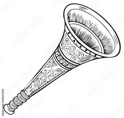 Illustration of a decorative trumpet in black and white