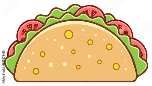 Cartoon taco illustration with fresh lettuce and tomatoes in a soft shell