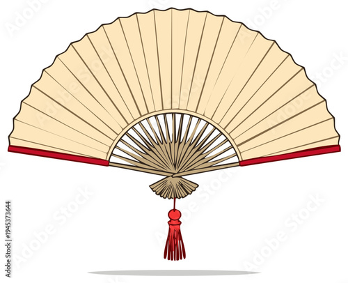Elegant folded paper fan with red tassel and wooden handle and red trim