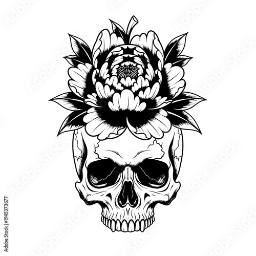 Black and White Tattoo of a Skull With a Flower on Top