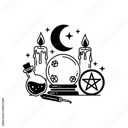 Black and White Line Art of a Witchs Potionmaking Setup