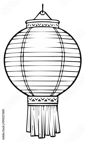 Detailed Black and White Asian Lantern Illustration with Tassels, Hanging Decorative Ornament, Cultural Symbol.