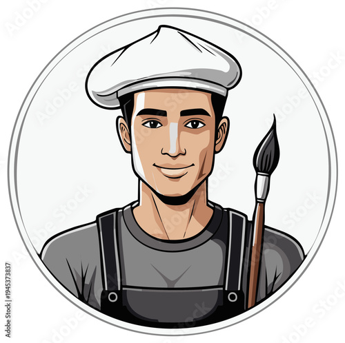 Cheerful artist in beret holds paintbrush in studio art friendly painter illustration