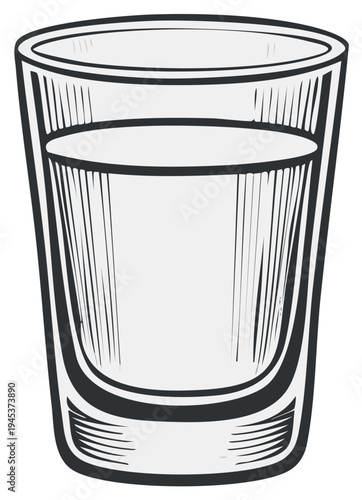 Clean illustration of a clear shot glass filled with clear liquid and subtle hatching detail