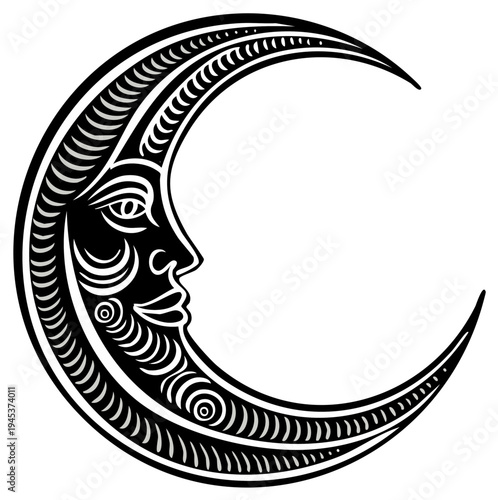 Stylized crescent moon graphic with a face, black and white illustration