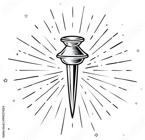 Retro style black and white drawing of a push pin with radiating lines