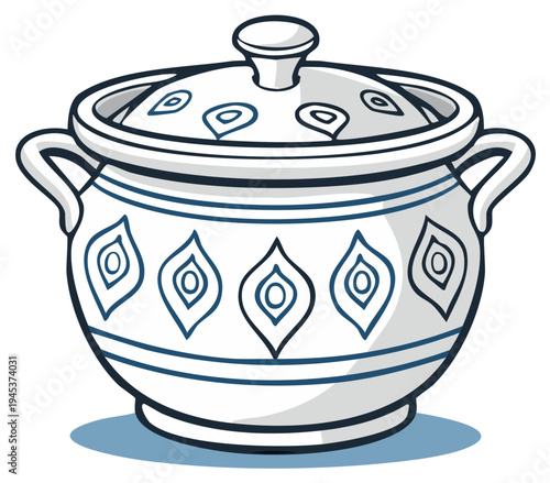 Illustrated ceramic cooking pot with lid featuring blue decorative patterns, traditional design.