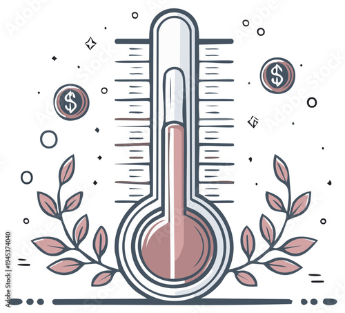 Fundraising Thermometer Illustration with Coins and Decorative Leaves: Charity Drive, Donations and Goals