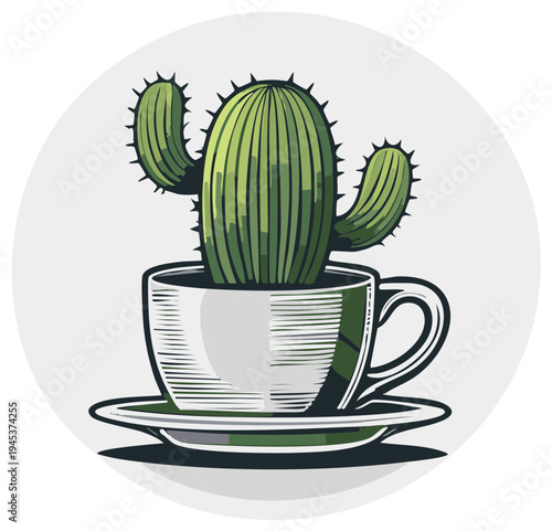 Stylized cactus in a teacup with saucer, whimsical illustration of desert plant thriving in unexpected place