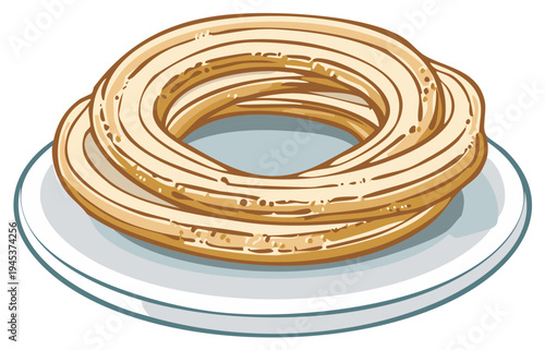 Stack of churros on plate isolated, circular fried dough pastries, sugary snack food illustration