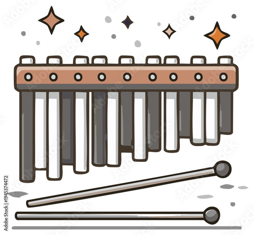 Wooden xylophone with mallets creating musical notes and sparkling stars above
