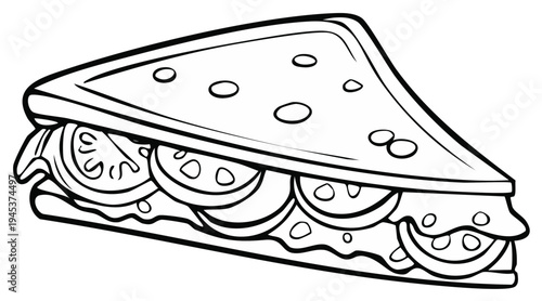 Black and white cartoon sandwich with tomato slices and filling, perspective view.