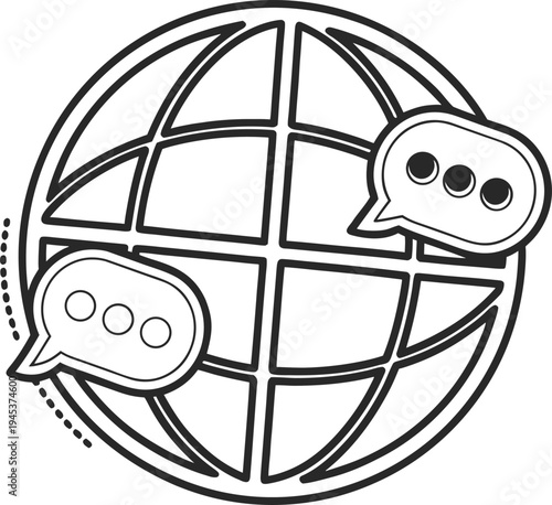 Global Communication Icon – Chat Bubbles Around Globe Vector Line Illustration
