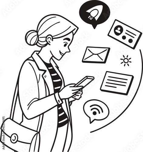 Woman Using Smartphone with Communication Icons – Social Media, Email and Digital Technology Line Art Vector Illustration