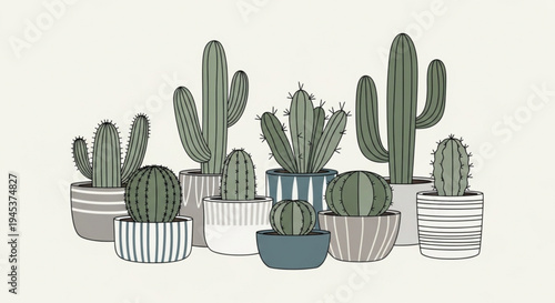 Collection of various cacti and succulents in decorative pots on a neutral background showcasing desert plants in modern planters