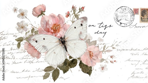 Vintage watercolor butterfly and climbing roses illustration. Flying on a romantic old postcard with handwritten script. Ancient postal stamps. And a round postmark