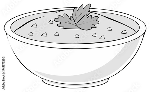 Bowl of nutritious vegetable puree topped with garnish of cilantro ready to serve