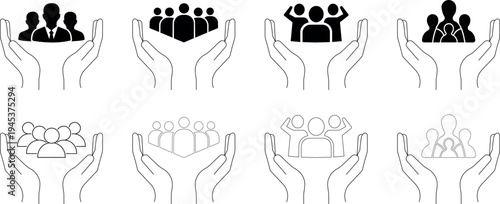 Collection of person outline and silhouette icon vector depicting hand protecting various group of people and teams isolated on transparent background