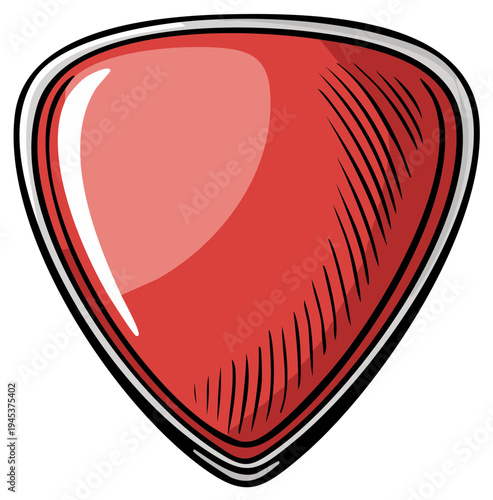 Red guitar pick with metallic border and sketched texture detail